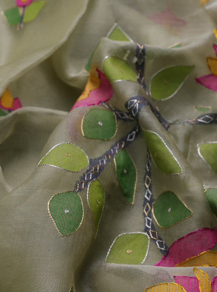 Pastel Green Muslin Kora Silk Embroidery Saree