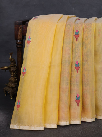 Yellow Muslin Kora Silk Embroidery Saree