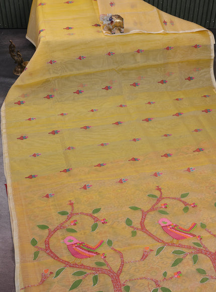 Yellow Muslin Kora Silk Embroidery Saree