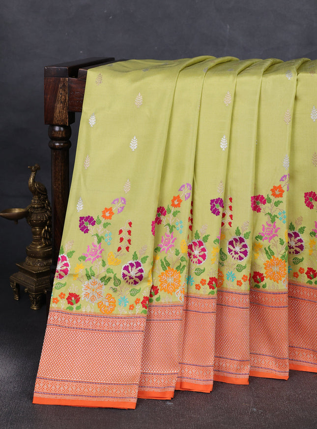 Lime Green - Orange Banarasi Silk Saree