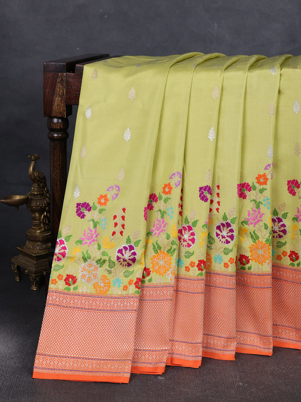 Lime Green - Orange Banarasi Silk Saree