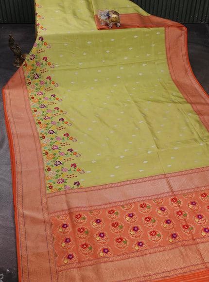 Lime Green - Orange Banarasi Silk Saree