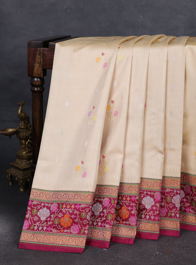 Beige - Magenta Banarasi Silk Saree