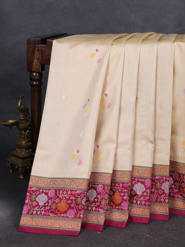Beige - Magenta Banarasi Silk Saree