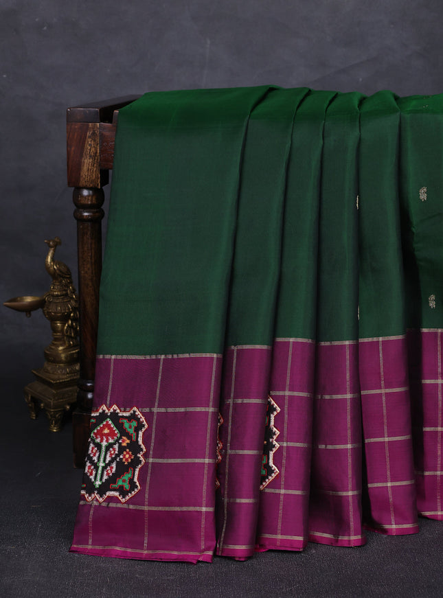 Bottle Green - Wine Kanchipuram Silk Saree With Applique Embroidery