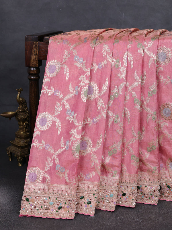 Gajri Pink Banarasi Tissue Silk Embroidery Saree