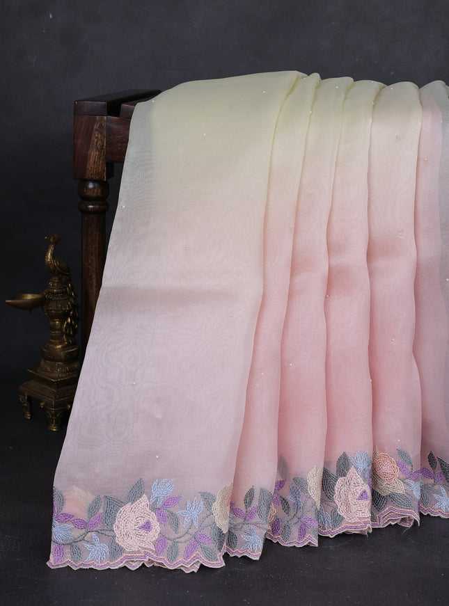 Cream - Pink Ombre Organza Embroidery Silk Saree