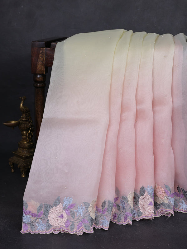 Cream - Pink Ombre Organza Embroidery Silk Saree