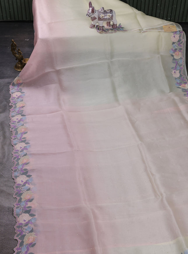 Cream - Pink Ombre Organza Embroidery Silk Saree