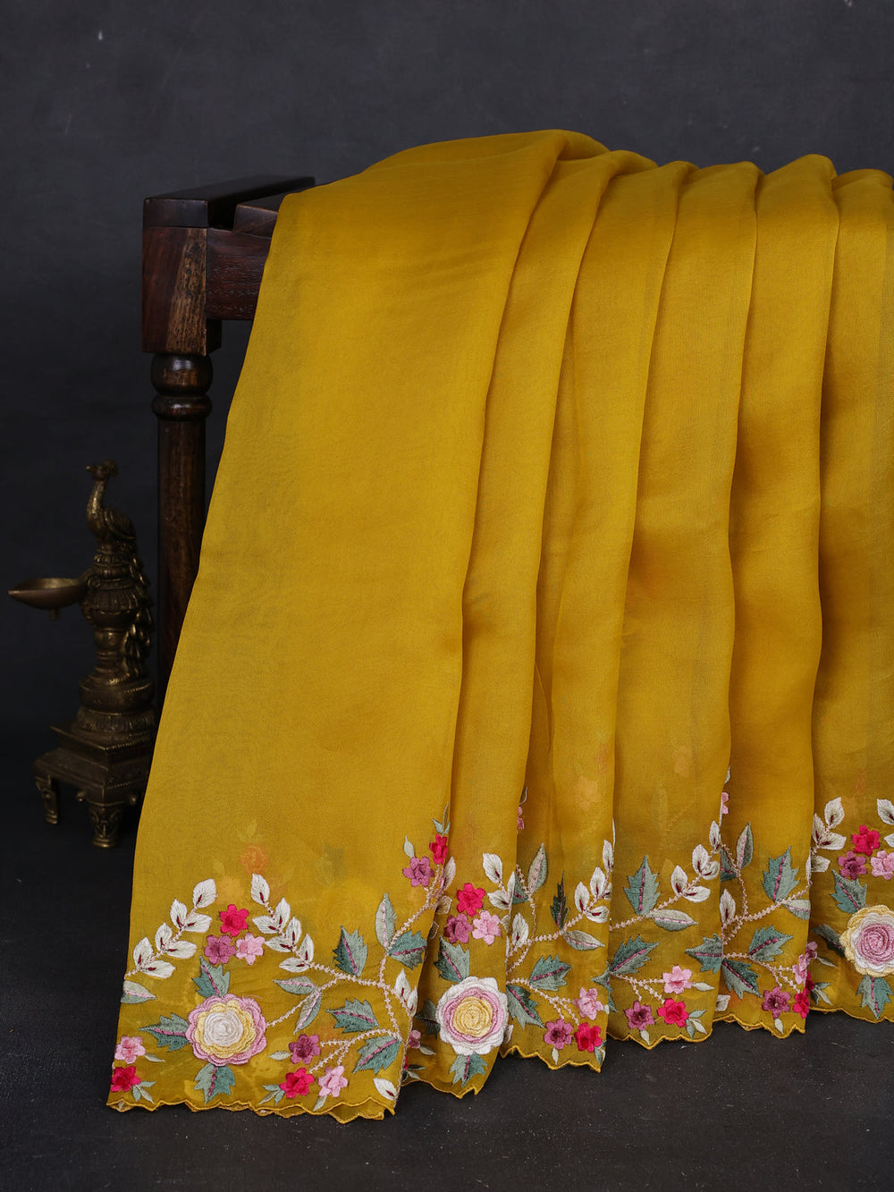 Mustard Organza Embroidery Silk Saree