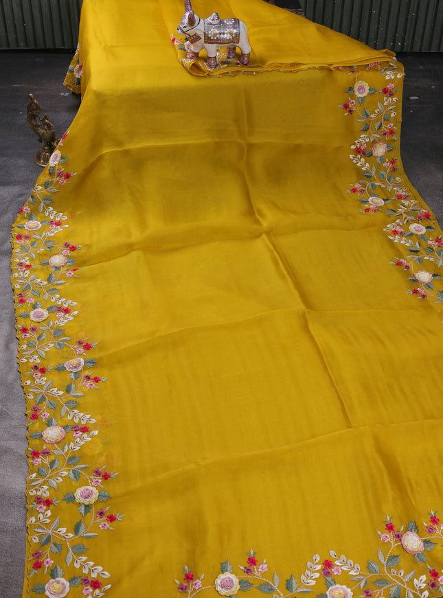 Mustard Organza Embroidery Silk Saree