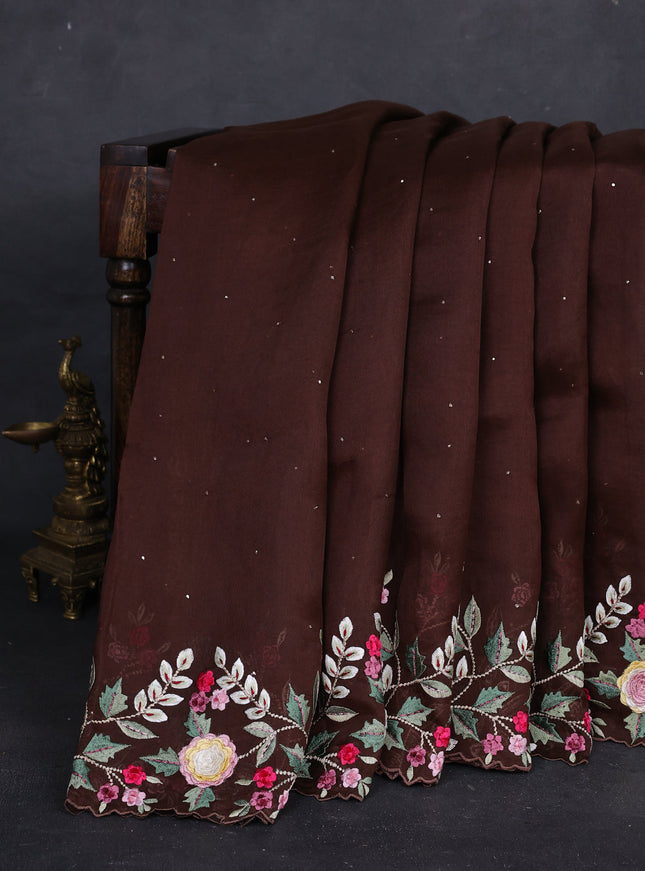 Brown Organza Embroidery Silk Saree