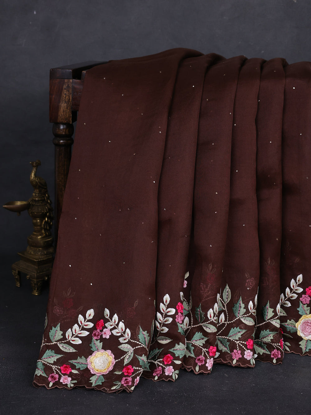 Brown Organza Embroidery Silk Saree