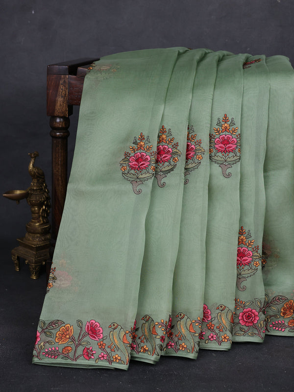 Pista Green Organza Embroidery Silk Saree