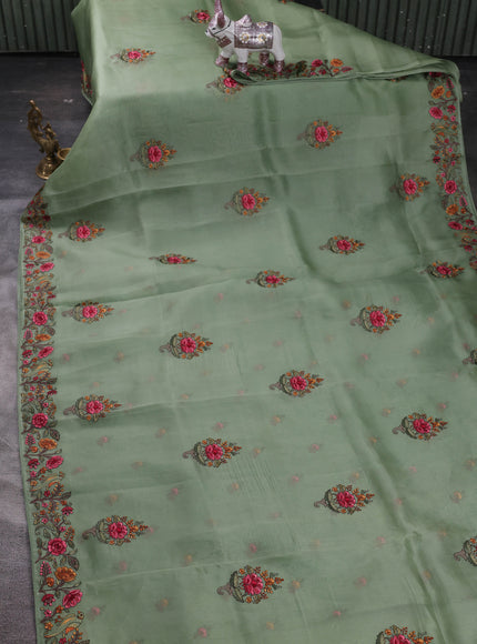 Pista Green Organza Embroidery Silk Saree
