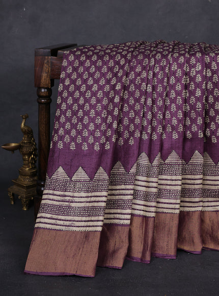 Purple Pure Tussar Silk Kantha Embroidery Saree