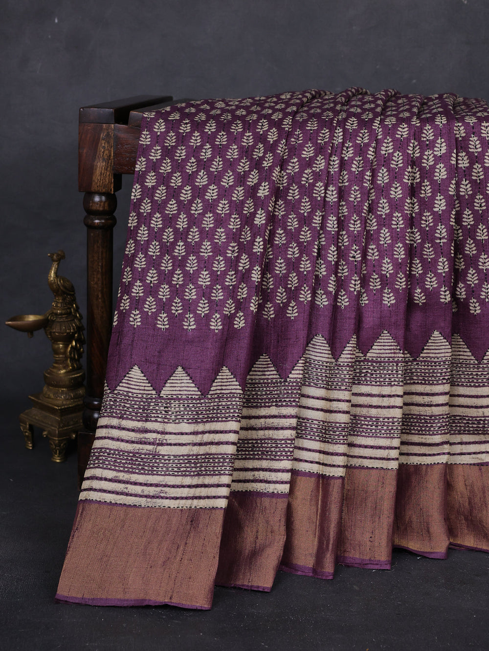 Purple Pure Tussar Silk Kantha Embroidery Saree