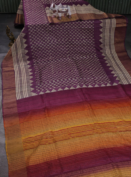 Purple Pure Tussar Silk Kantha Embroidery Saree