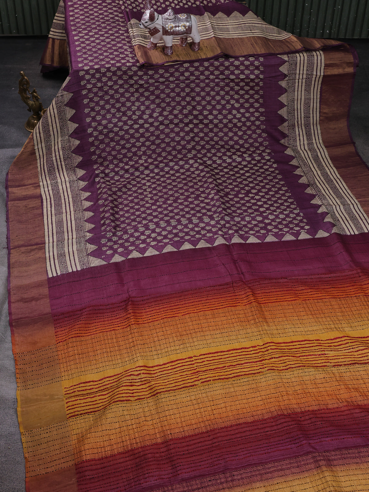 Purple Pure Tussar Silk Kantha Embroidery Saree