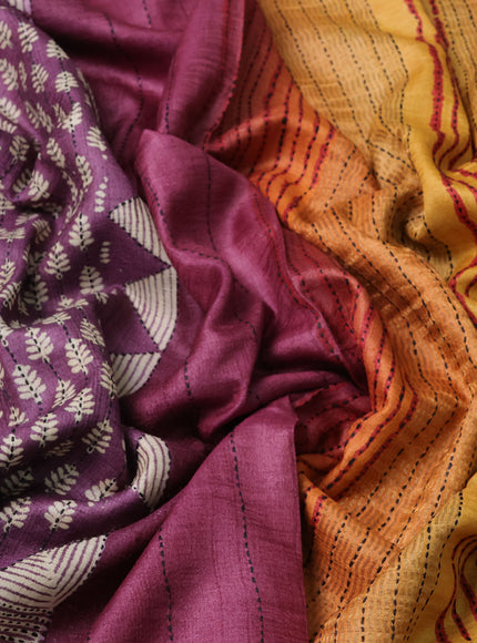 Purple Pure Tussar Silk Kantha Embroidery Saree