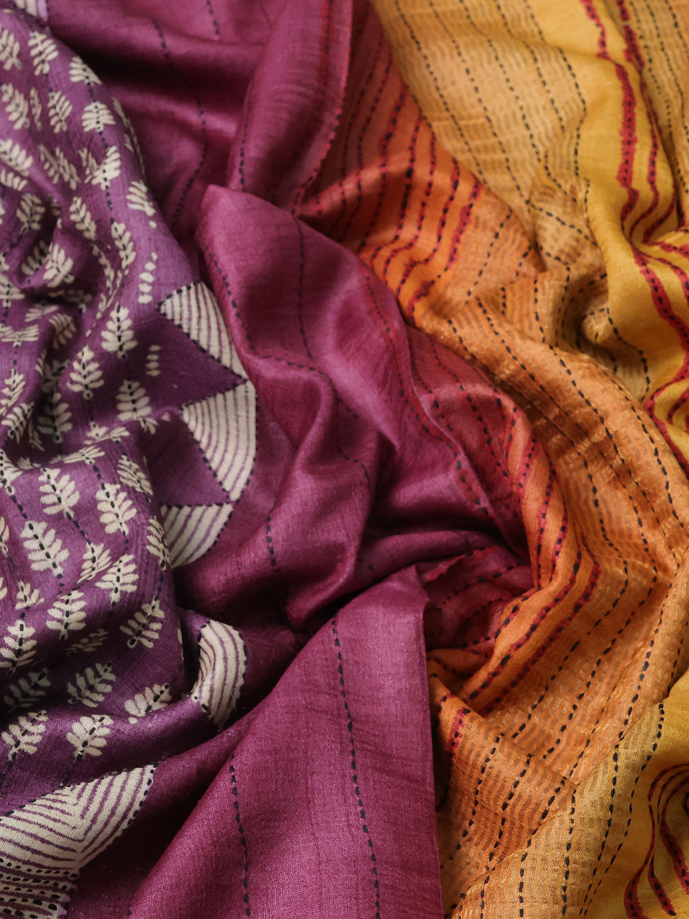 Purple Pure Tussar Silk Kantha Embroidery Saree
