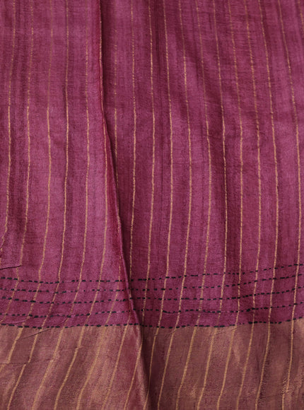 Purple Pure Tussar Silk Kantha Embroidery Saree