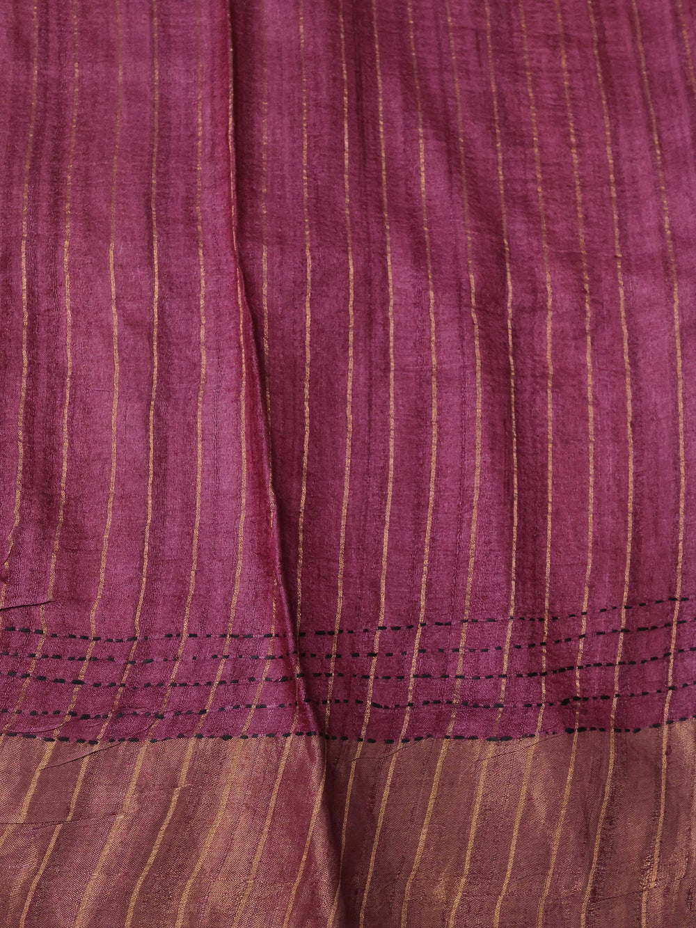 Purple Pure Tussar Silk Kantha Embroidery Saree