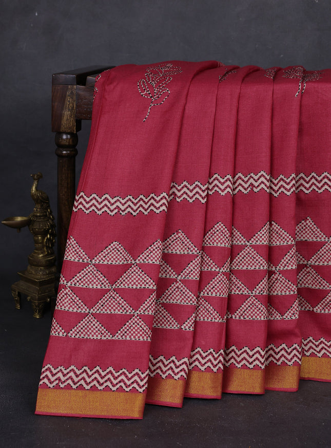 Red Pure Tussar Silk Kantha Embroidery Saree