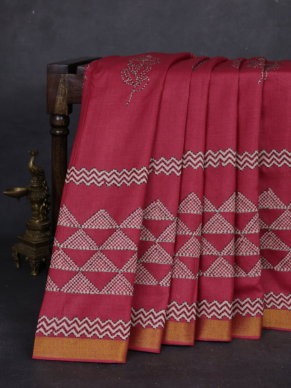 Red Pure Tussar Silk Kantha Embroidery Saree