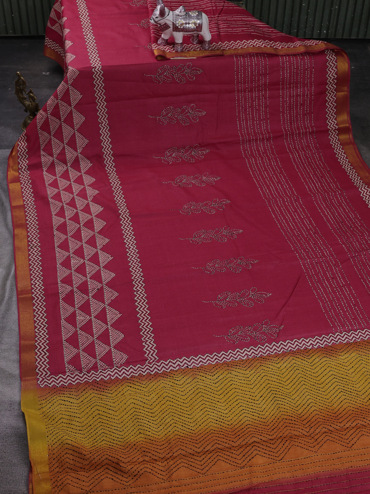 Red Pure Tussar Silk Kantha Embroidery Saree