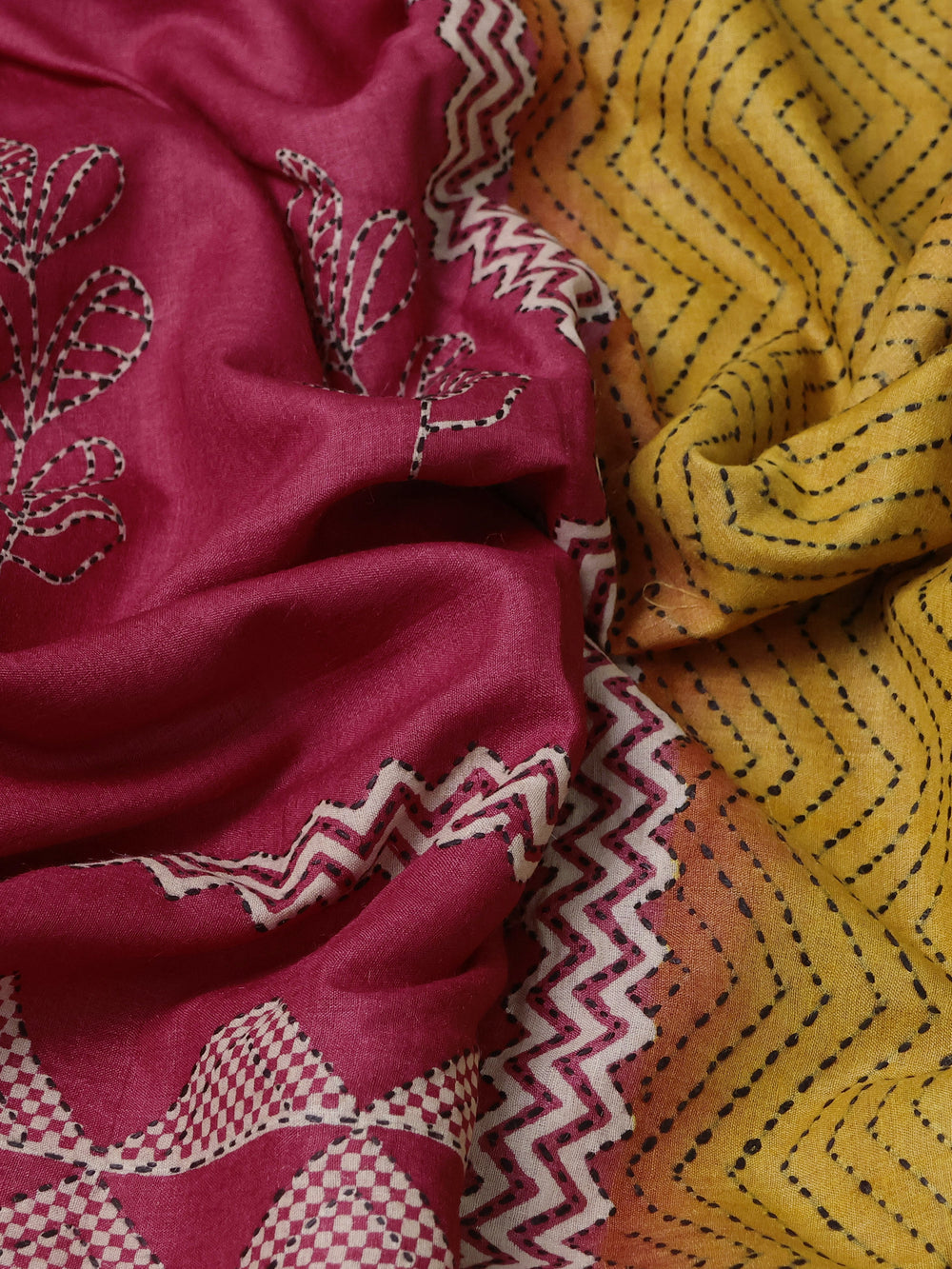 Red Pure Tussar Silk Kantha Embroidery Saree