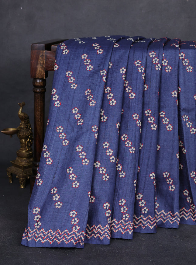 Blue Pure Tussar Silk Kantha Embroidery Saree