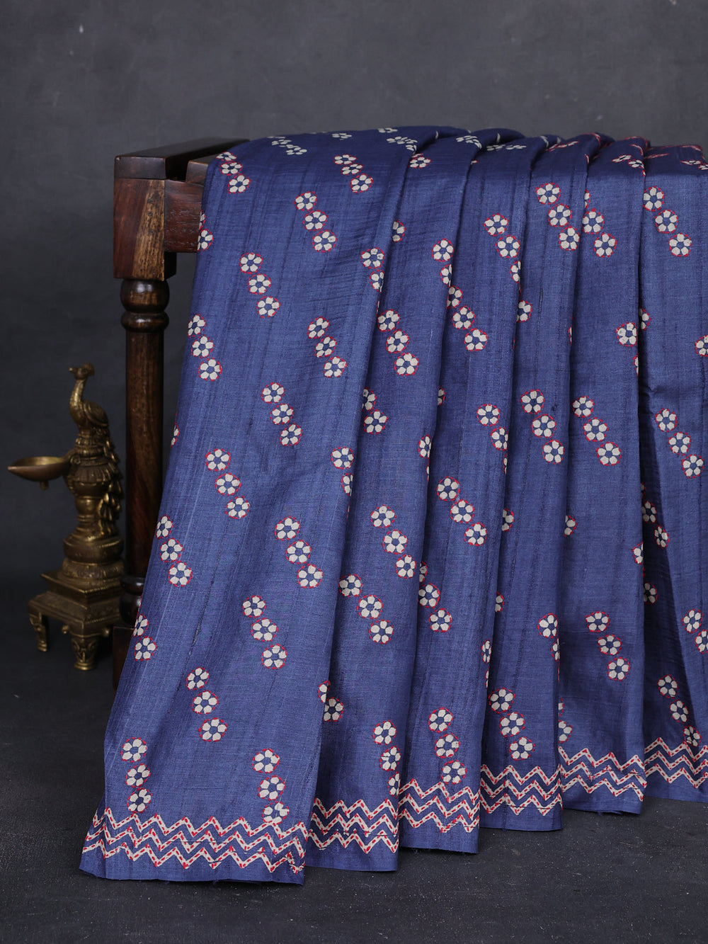 Blue Pure Tussar Silk Kantha Embroidery Saree