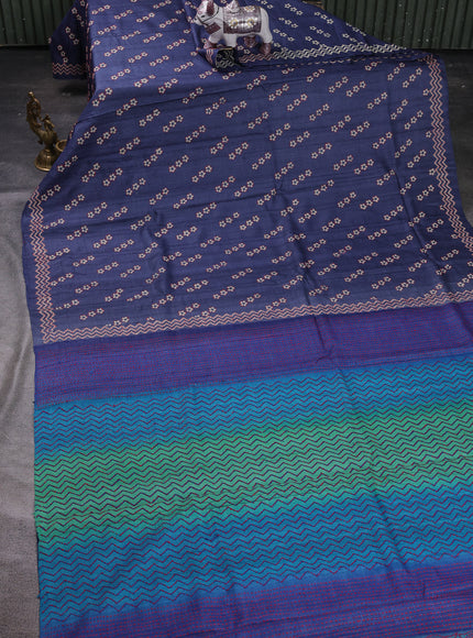 Blue Pure Tussar Silk Kantha Embroidery Saree