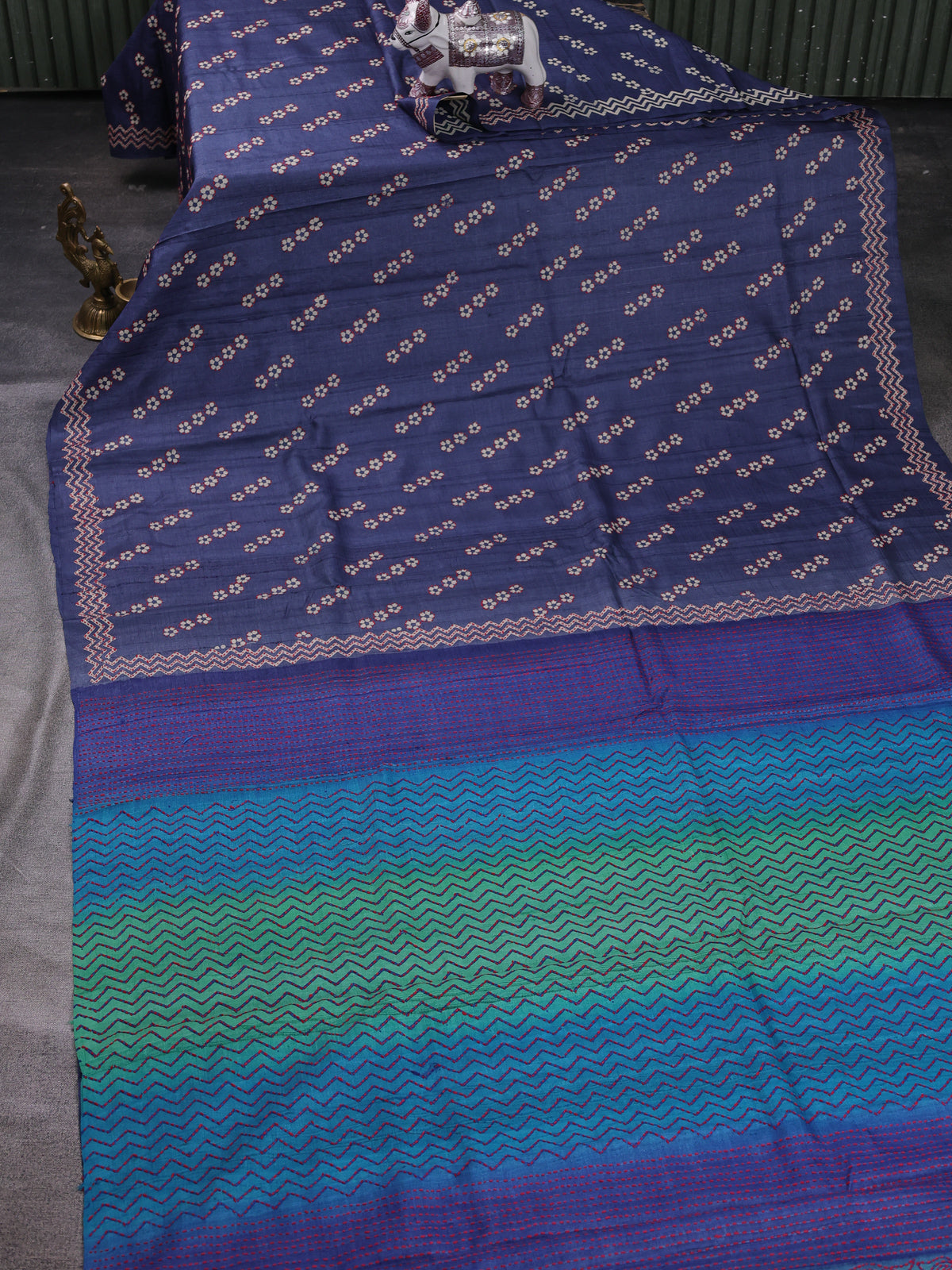 Blue Pure Tussar Silk Kantha Embroidery Saree