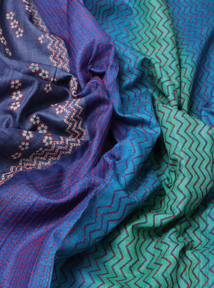 Blue Pure Tussar Silk Kantha Embroidery Saree