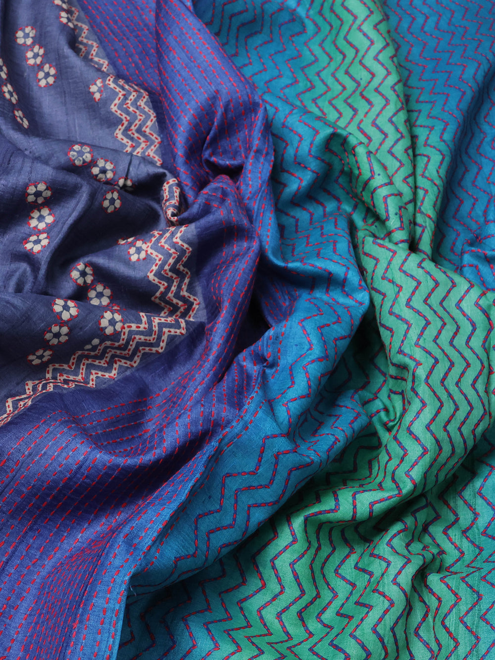 Blue Pure Tussar Silk Kantha Embroidery Saree