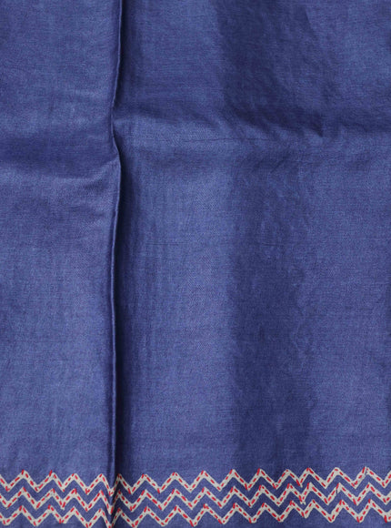 Blue Pure Tussar Silk Kantha Embroidery Saree