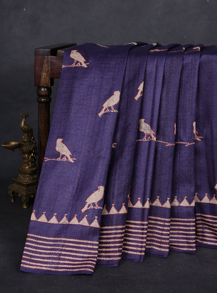 Blue Pure Tussar Silk Kantha Embroidery Saree