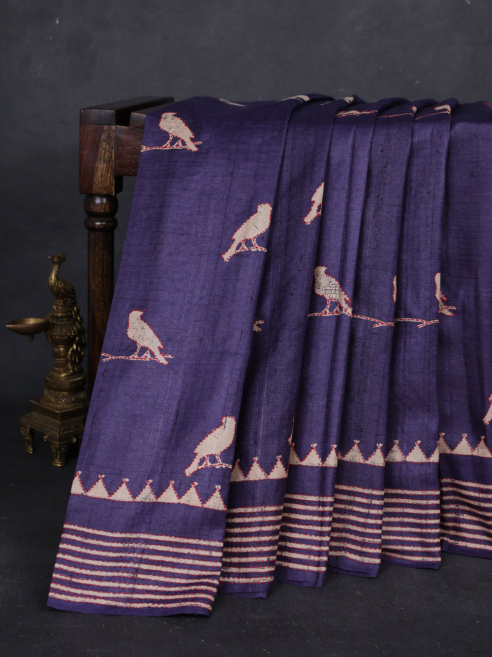 Blue Pure Tussar Silk Kantha Embroidery Saree