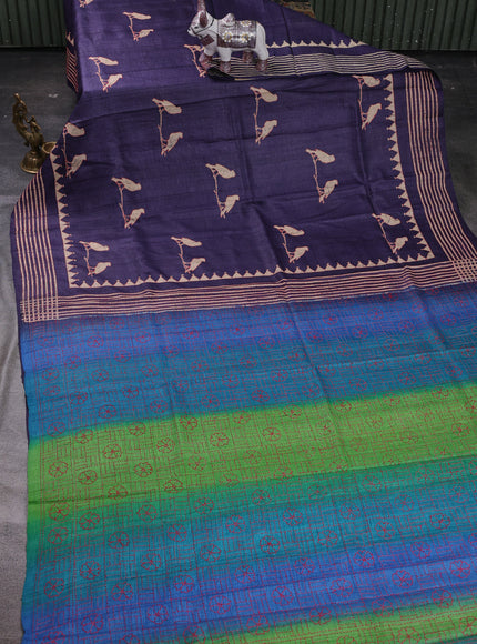 Blue Pure Tussar Silk Kantha Embroidery Saree