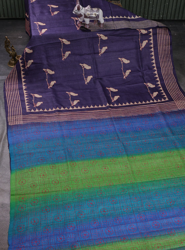 Blue Pure Tussar Silk Kantha Embroidery Saree
