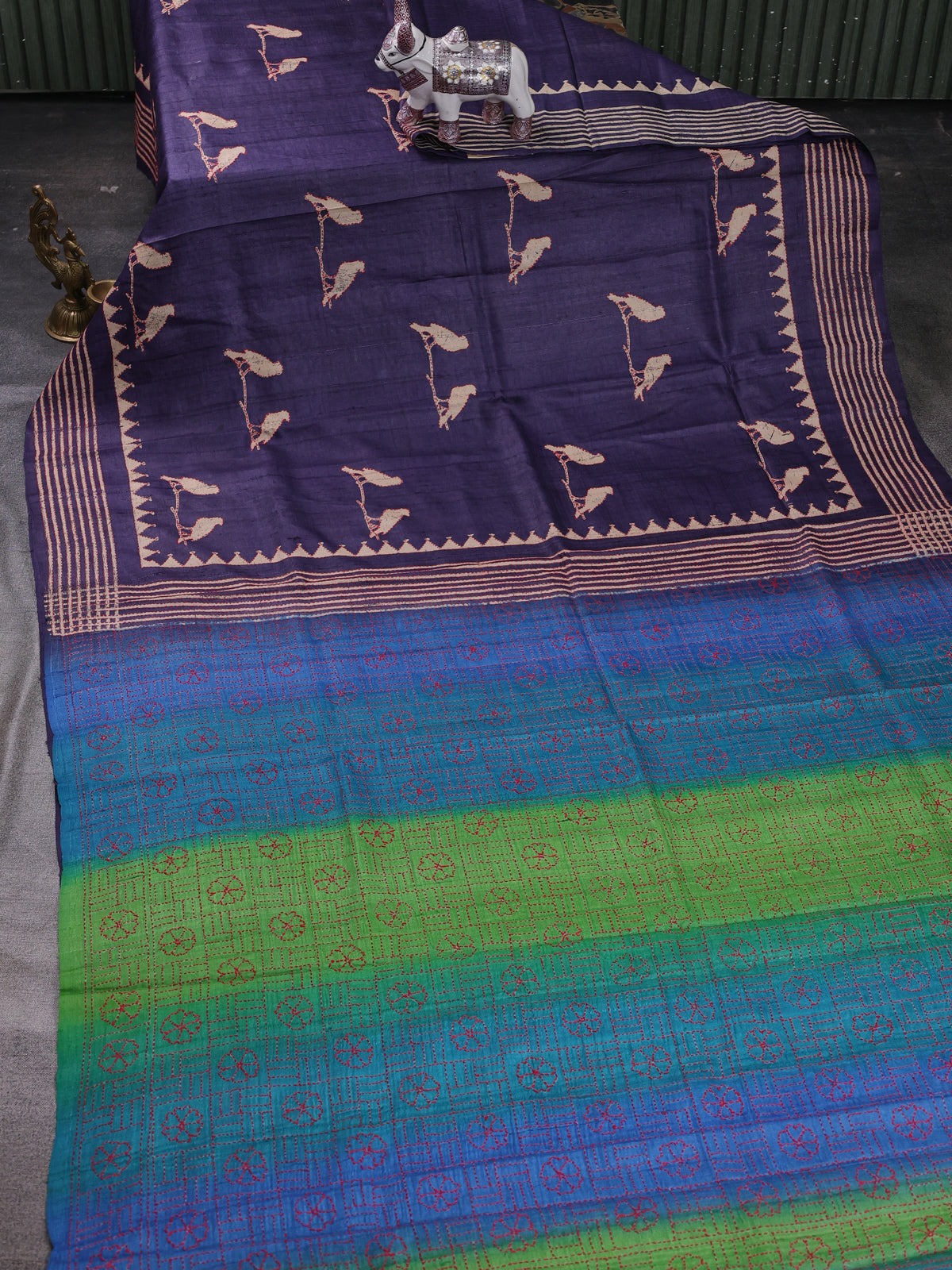 Blue Pure Tussar Silk Kantha Embroidery Saree