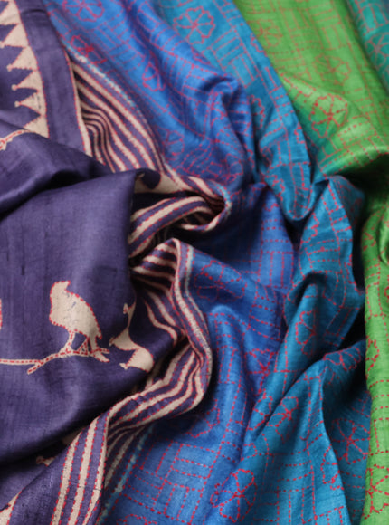Blue Pure Tussar Silk Kantha Embroidery Saree