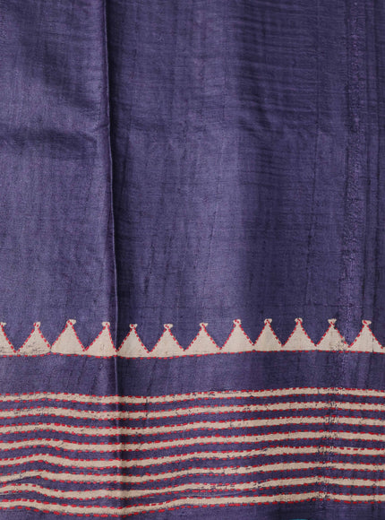 Blue Pure Tussar Silk Kantha Embroidery Saree
