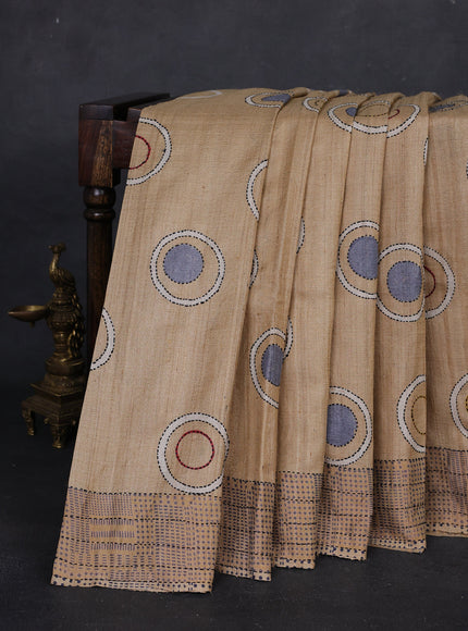 Beige Pure Tussar Silk Kantha Embroidery Saree