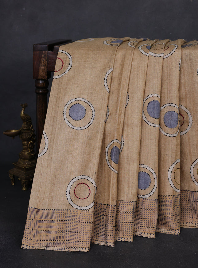 Beige Pure Tussar Silk Kantha Embroidery Saree