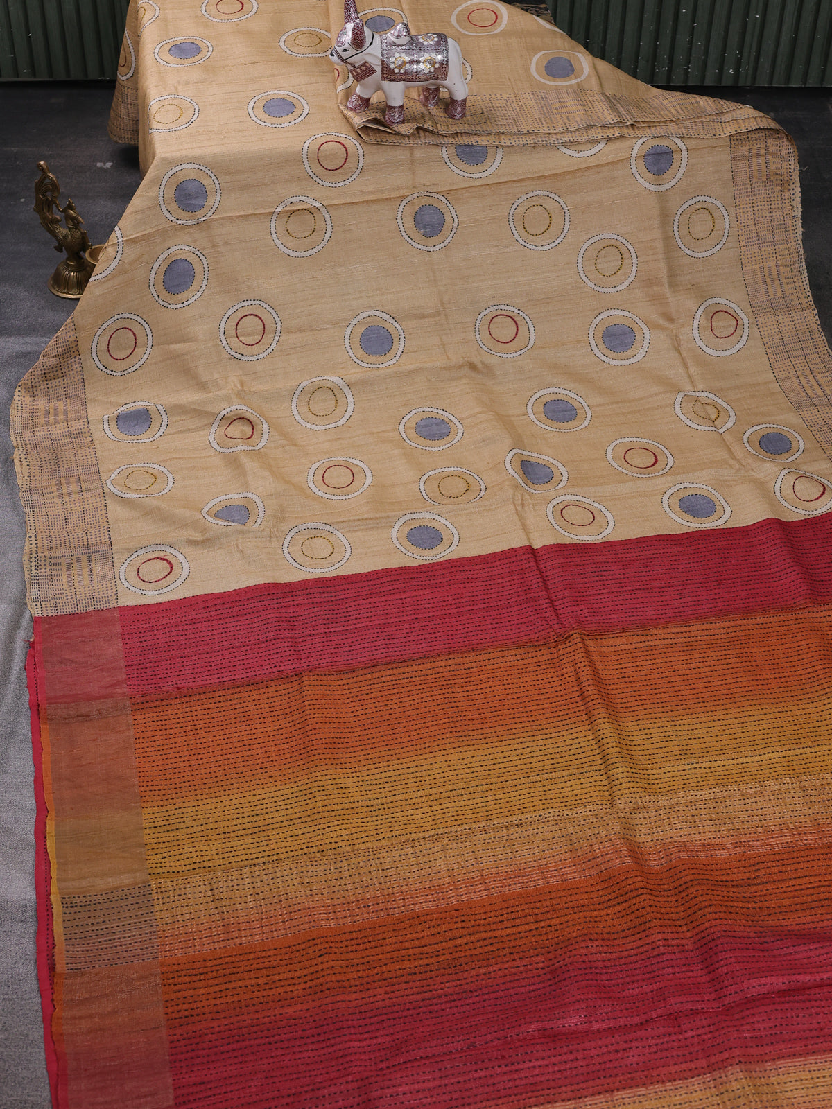 Beige Pure Tussar Silk Kantha Embroidery Saree