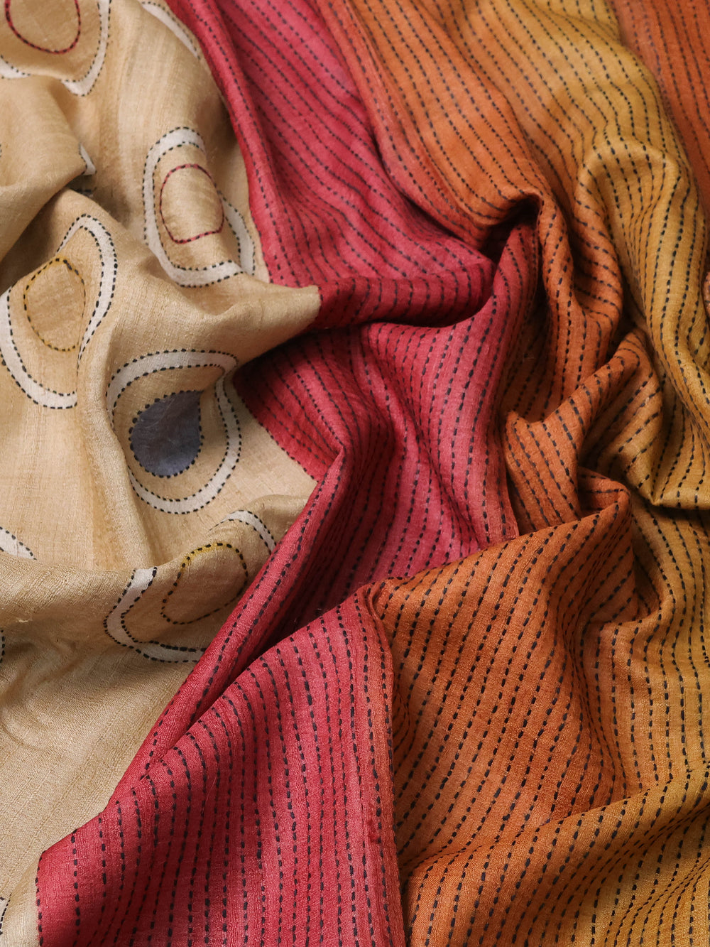 Beige Pure Tussar Silk Kantha Embroidery Saree