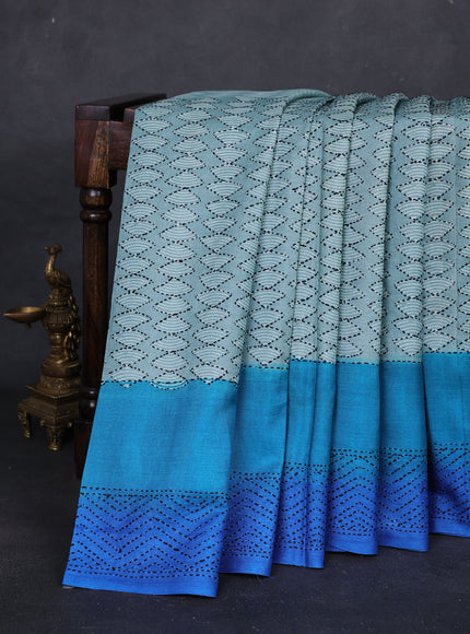 Mint Blue - Blue Pure Tussar Silk Kantha Embroidery Saree